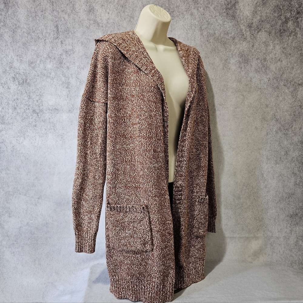 Tahari Hooded Open Front Marled Knit Sweater Cardigan with Pockets - Picture 4 of 11